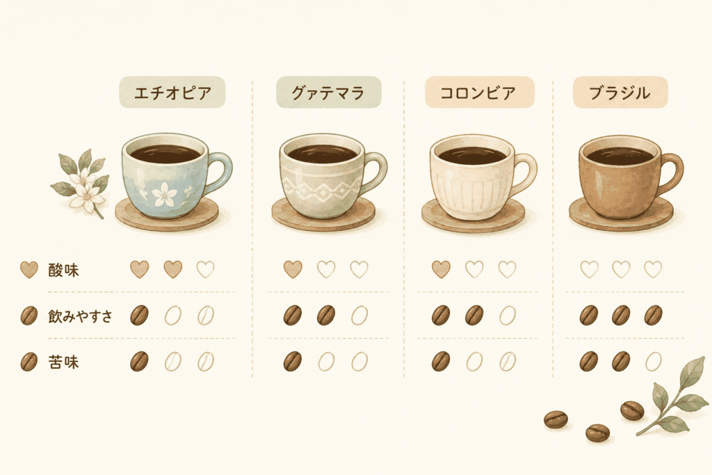 エチオピア・グァテマラ・ブラジル・コロンビアのコーヒーの味わい