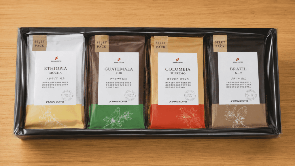 エチオピア・グァテマラ・ブラジル・コロンビアのコーヒー飲み比べセット