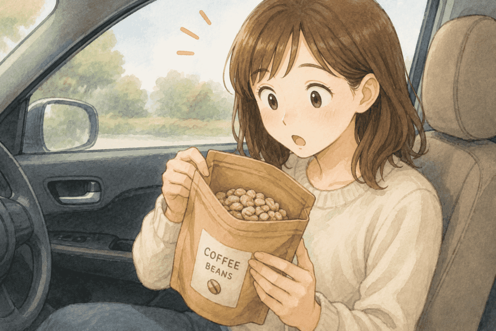 の中でコーヒー豆の袋を開ける様