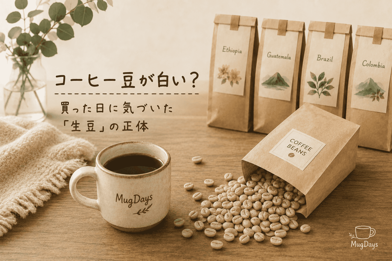 コーヒー豆の袋と焙煎前の白っぽい生豆