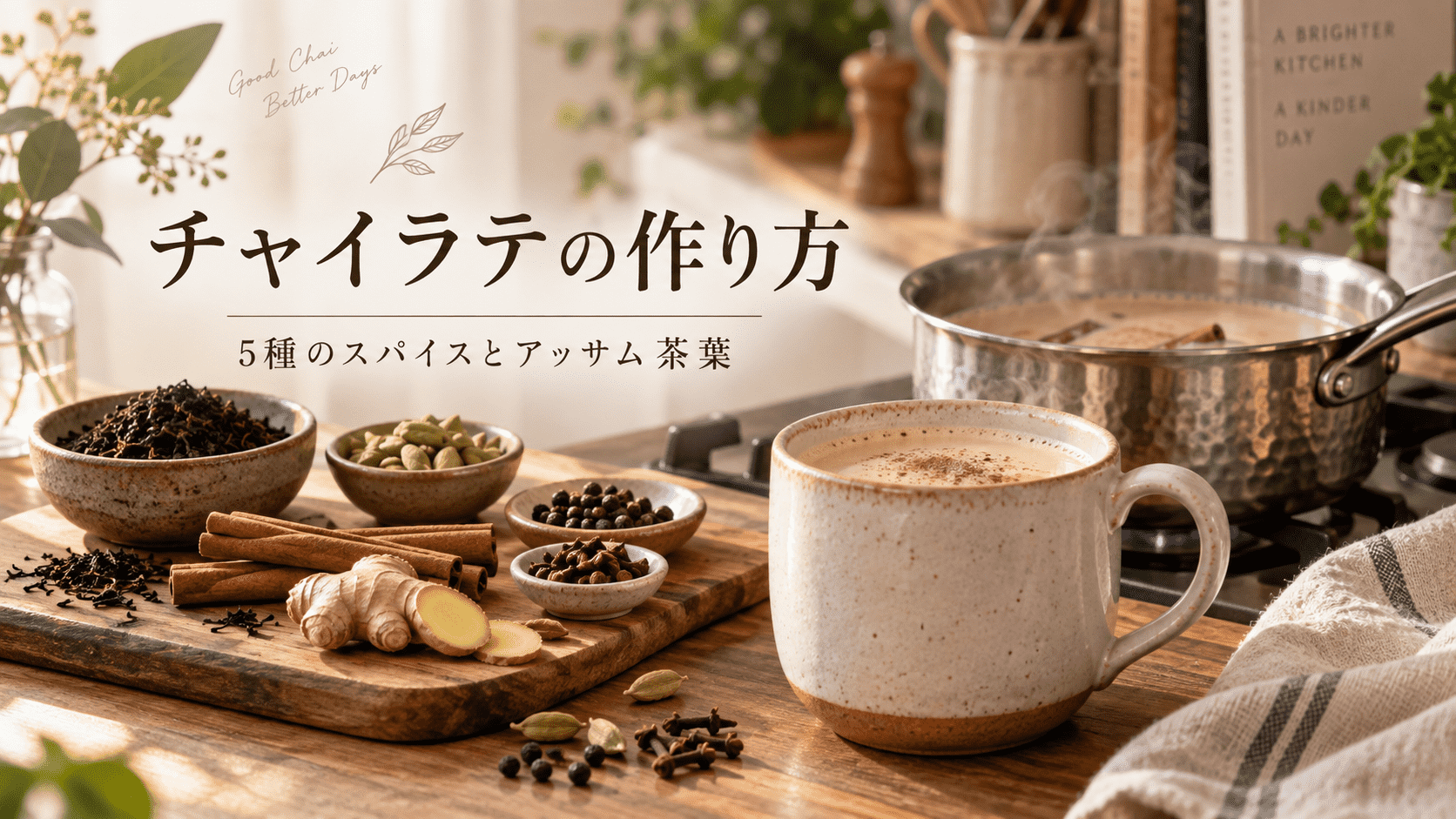 5種のスパイスとアッサム茶葉を使ったチャイラテ。木の台にスパイスとマグカップ、奥に鍋で煮出したチャイがある