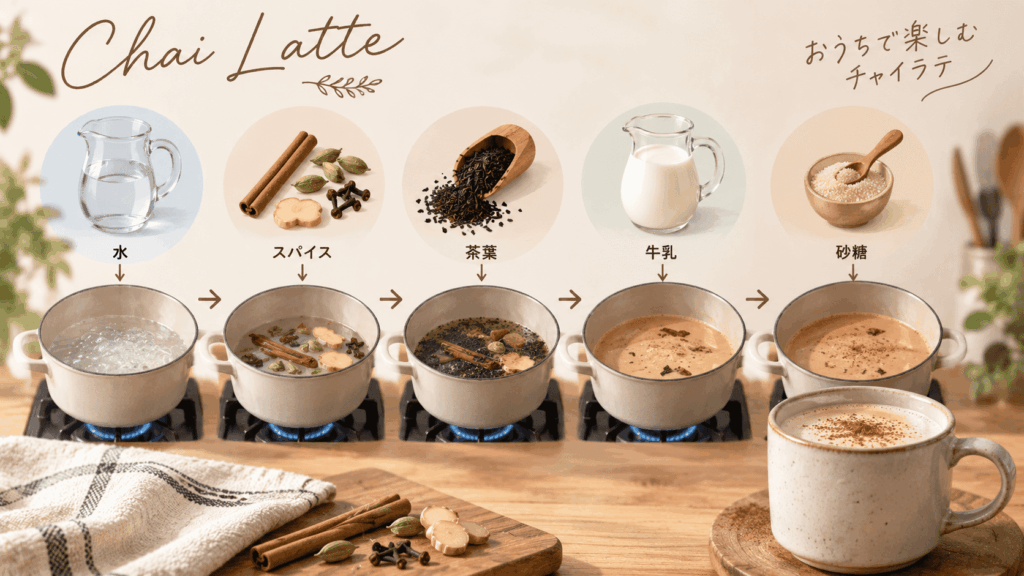 チャイラテを鍋で作る手順図。水、スパイス、茶葉、牛乳、砂糖の順に加える流れをイラストで示したもの