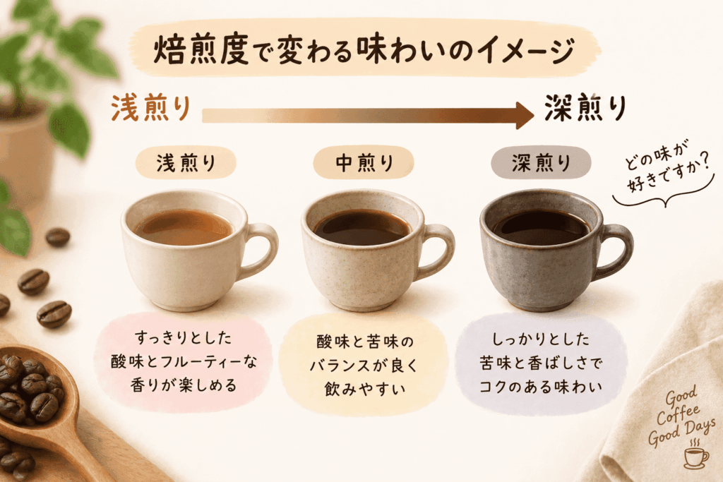浅煎り・中煎り・深煎りで変わるコーヒーの味わいのイメージ