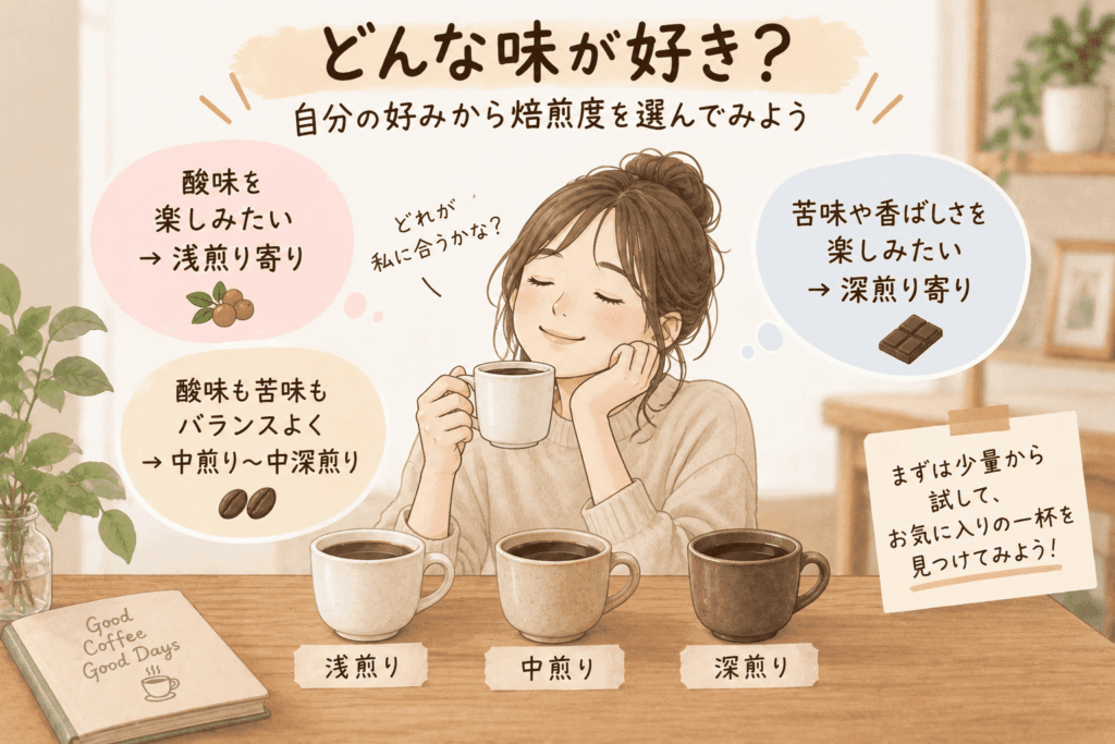 酸味や苦味の好みから浅煎り・中煎り・深煎りを選ぶイメージ