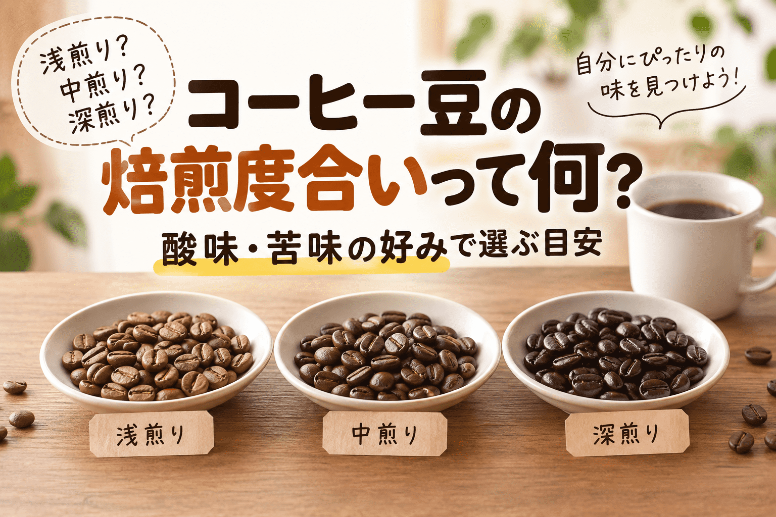 浅煎り・中煎り・深煎りのコーヒー豆を比較した焙煎度合いのイメージ