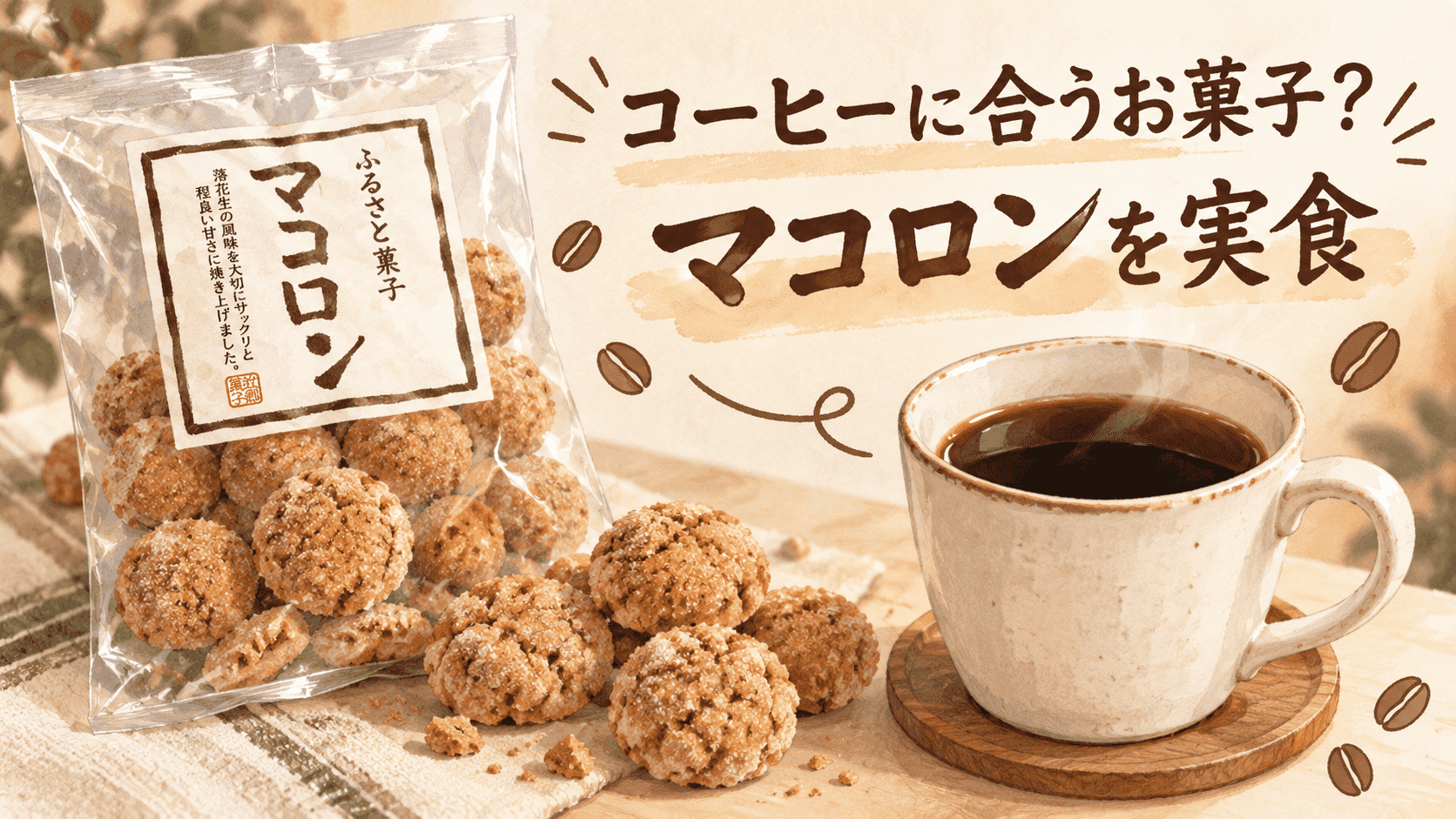 コーヒーに合うお菓子を探して、ふるさと菓子マコロンを実際に合わせてみました。しっかりした甘さやサクサクした食感、落花生の風味、苦味とコクのあるコーヒーと食べた感想を紹介します。
