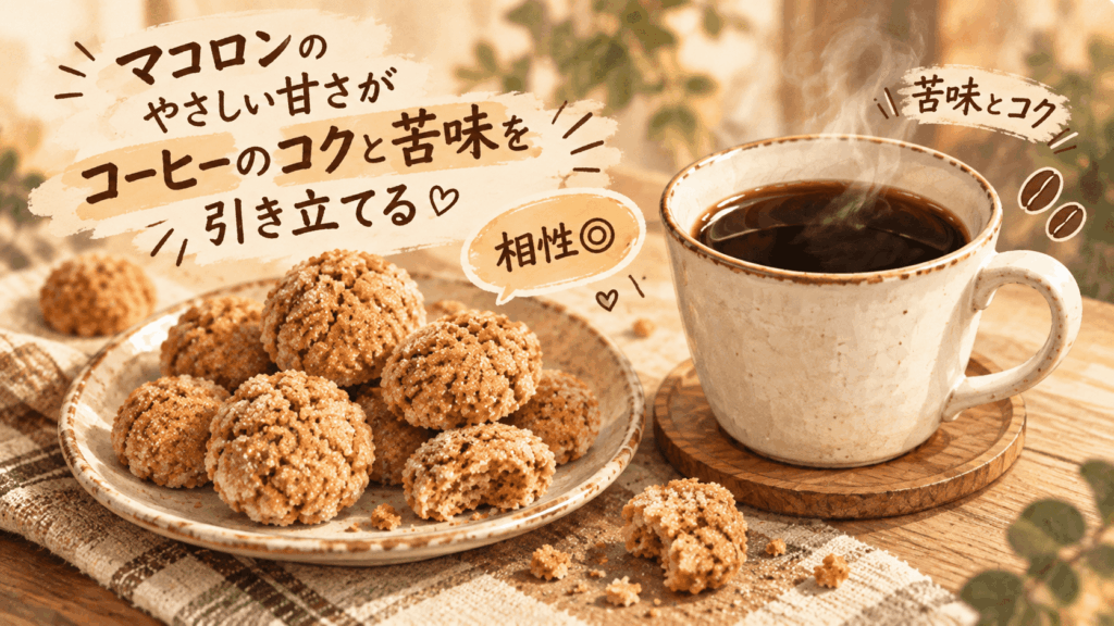 マコロンと苦味とコクのあるコーヒーの組み合わせを表したイラスト