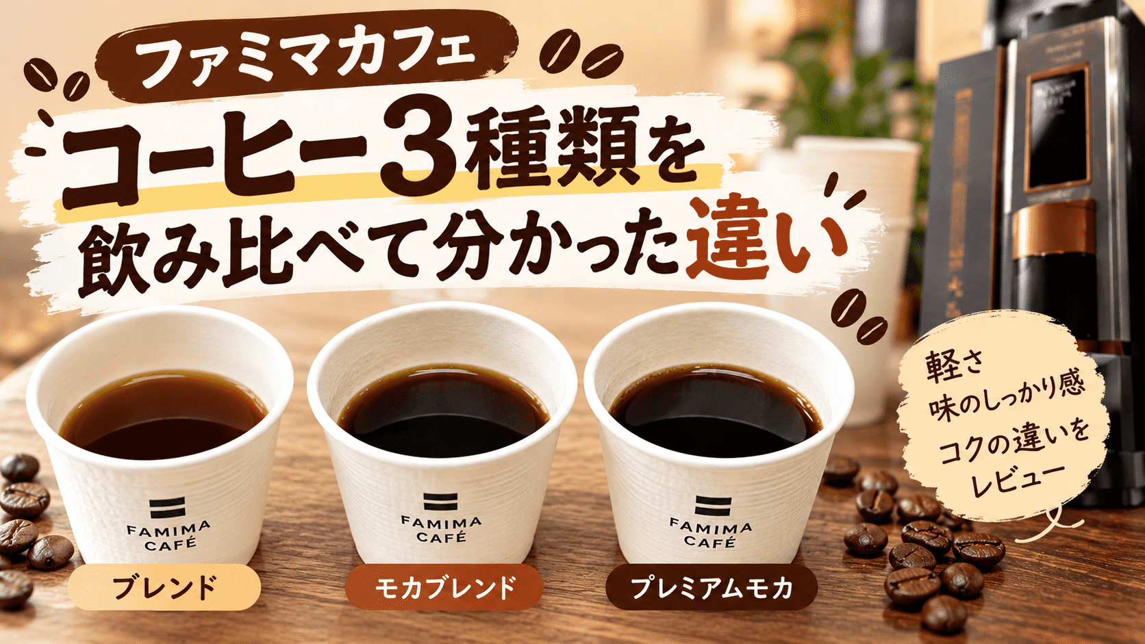ファミマカフェのブレンド・モカブレンド・プレミアムモカ3種類を飲み比べて味の違いを比較